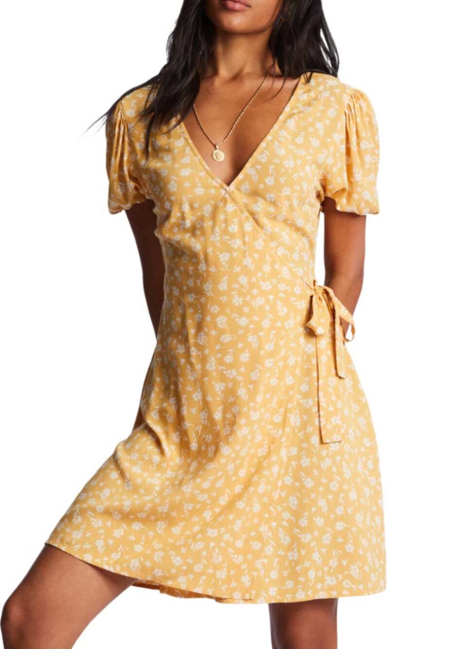 Billabong Hot Tropics Mini Wrap Dress XS Yellow Floral Tie Waist Puff Sleeve